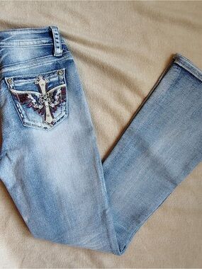 Fire & Rain Flare Jeans Women Jrs 3 Angel Wings Rhinestones Y2K Western Bootcut